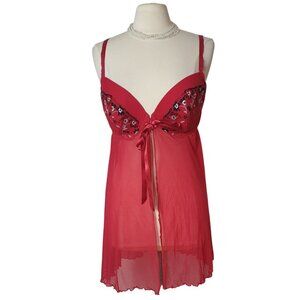 Cacique Sheer Red Babydoll 18/20 Lingerie  Floral Embroidery Satin Bow Chic